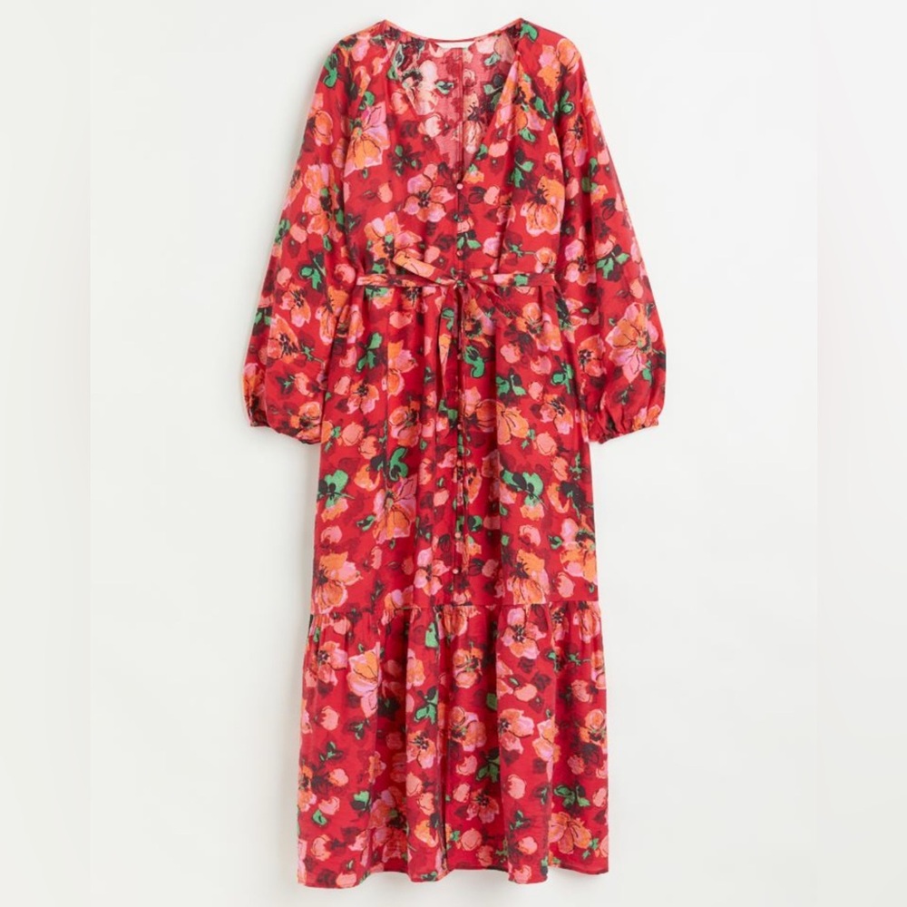 H&M Tie Belt Balloon Sleeve Red Floral Dress - XL